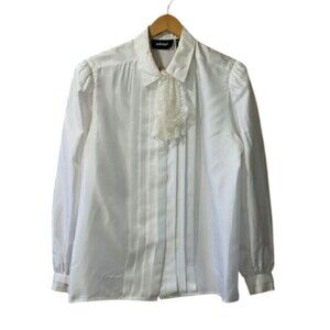 Nilani Vintage White High Neck Modest Ascot Hidden Button Pleated Blouse 11/12